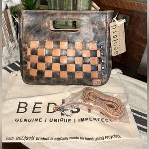 NWT Bed Stu Leather Keiki Crossbody Bag Handbag Black Lux Tan Rustic MSRP $235